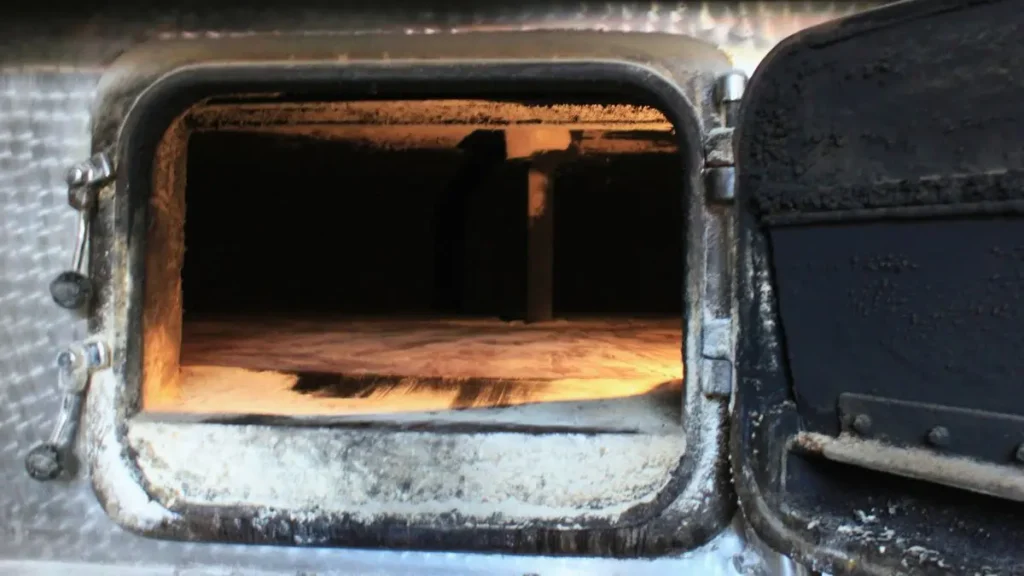 Inside Panadería Carlos's wood-fired oven, the floor lit by the flame